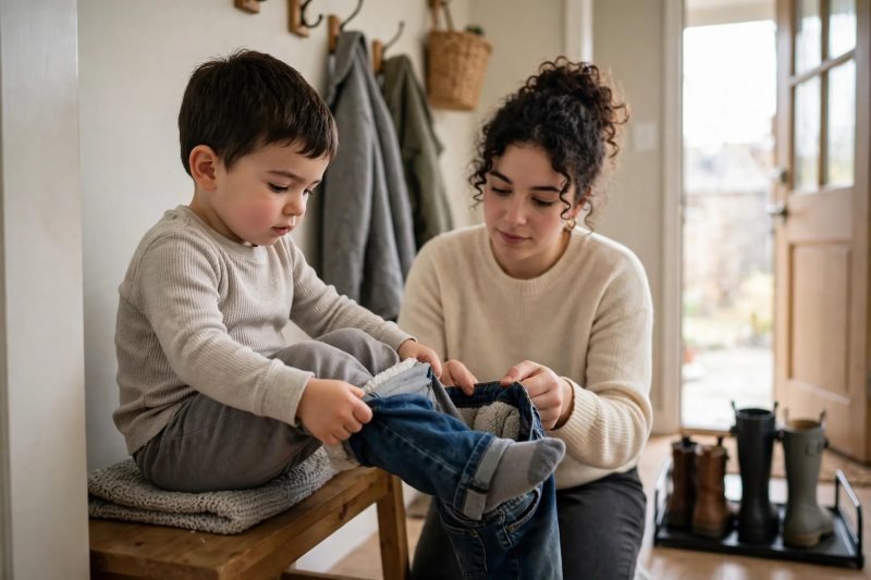 Seated toddler pulling fleece-lined jeans over his soft pants