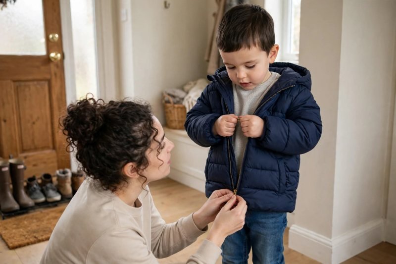 Toddler zipping his puffer coat while mother steadies zipper