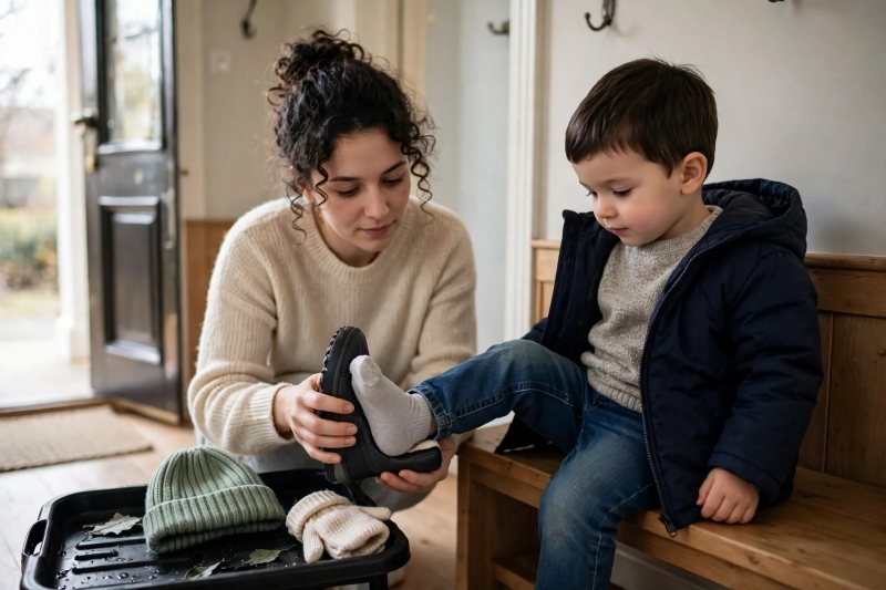 Mother pulling a boot onto a toddler's socked foot