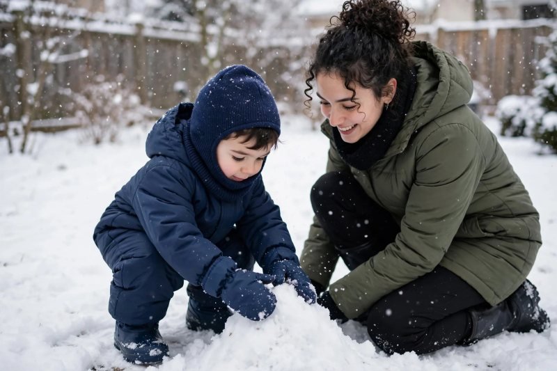 Toddler in snowsuit patting a snow mound with mother