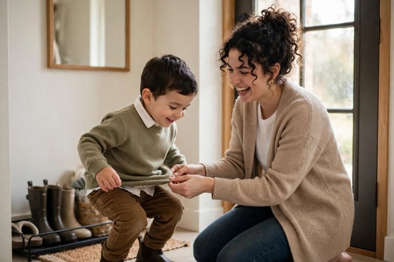 Toddler squatting in dressy sweater outfit while mother laughs
