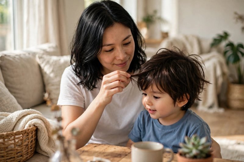 Mother gently checking her toddler's long hair over his ears in a sunlit living room.