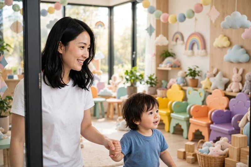 Mother and toddler boy walking into a bright kid-friendly salon with colorful chairs.