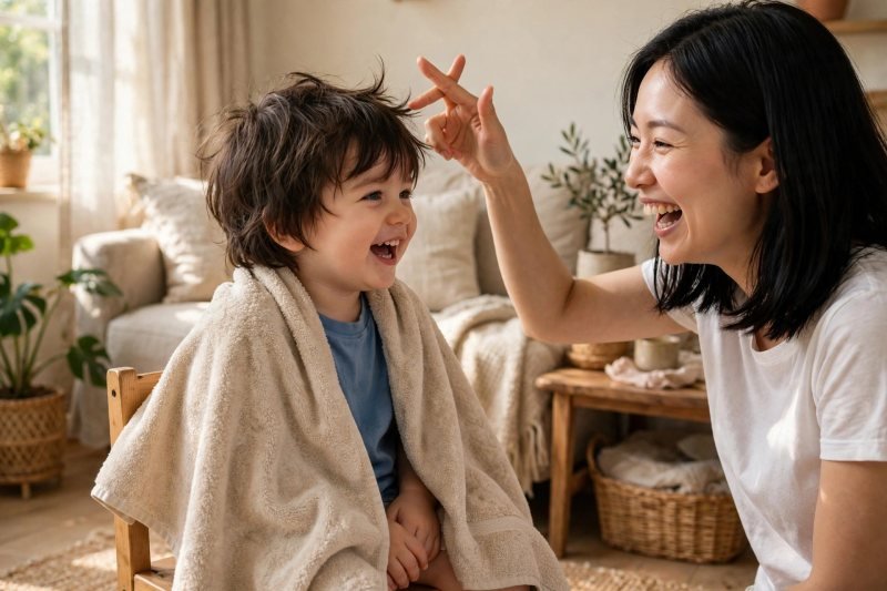 Mother play-pretending a haircut with a towel cape on her giggling toddler at home.