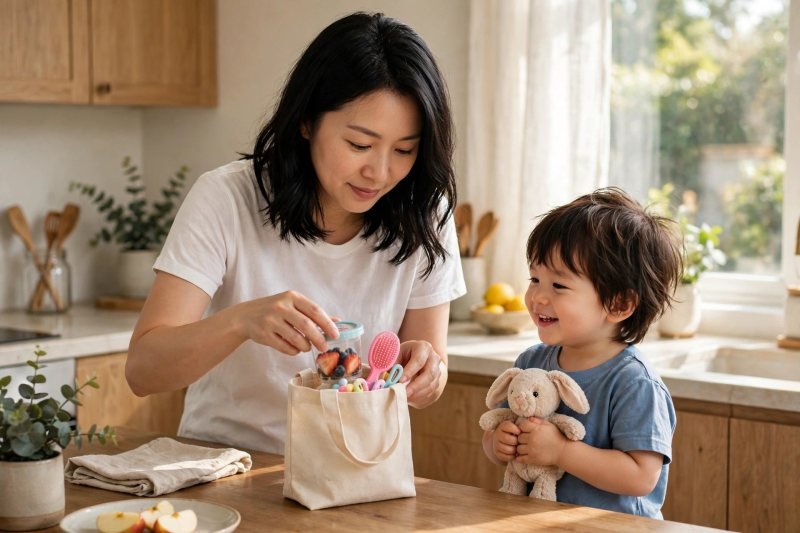 Mother packing a tote bag with snacks while her toddler holds a stuffed bunny.