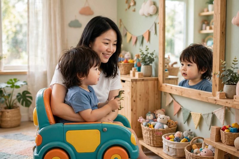 Toddler sitting on his mother's lap in a salon chair, holding a toy dinosaur.
