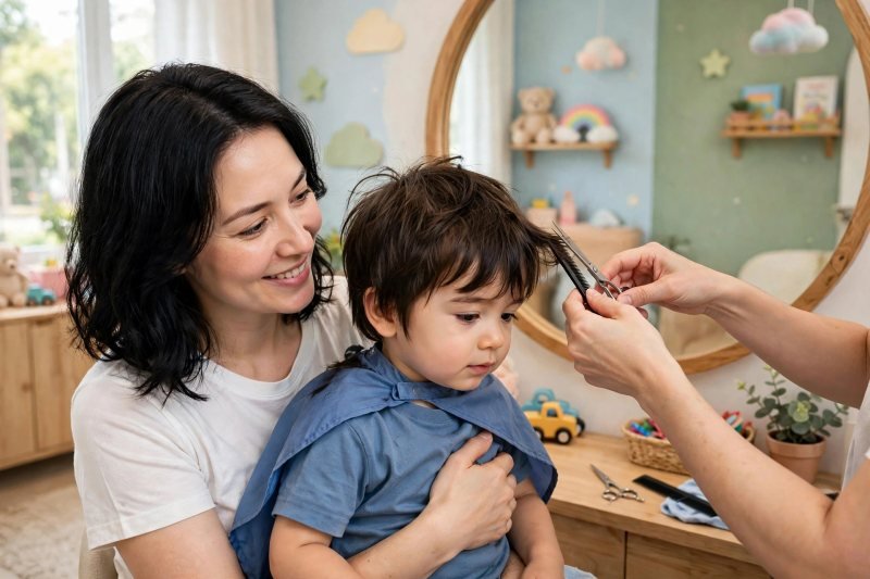 Stylist trimming a toddler's hair with scissors while his mother holds him steady.