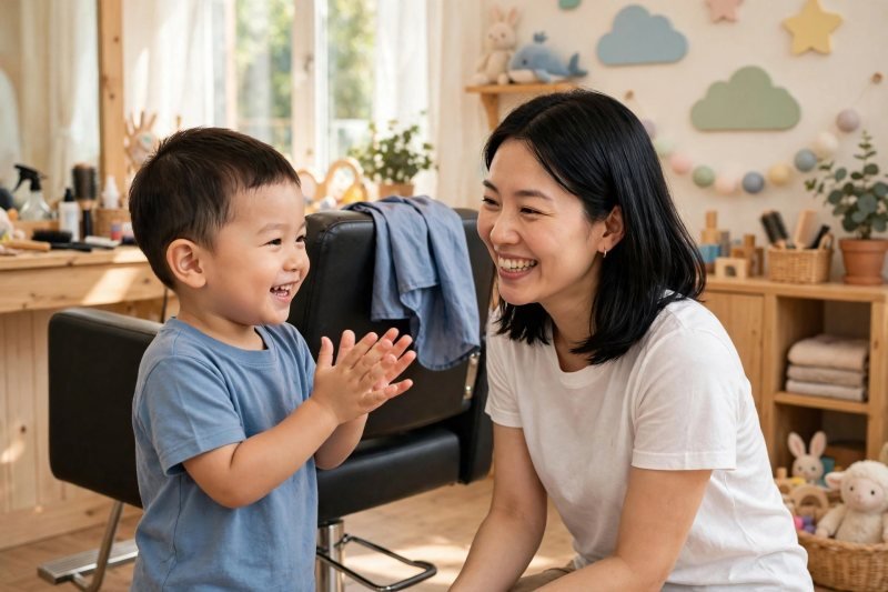 Toddler with a fresh haircut clapping happily beside his smiling mother in the salon.