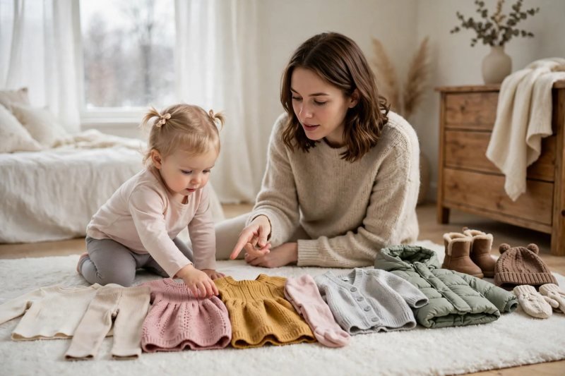 Winter dresses and layers laid in order on a white rug