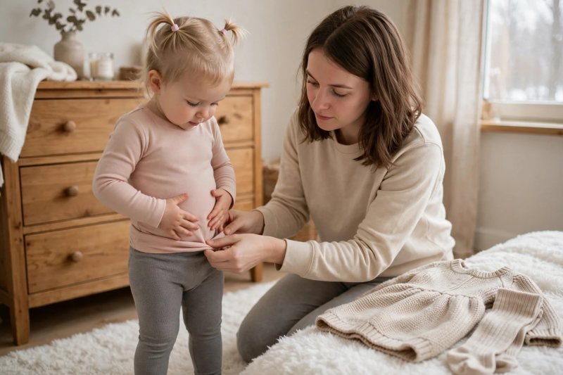 Mother tucking a toddler's base layer top into her leggings waistband