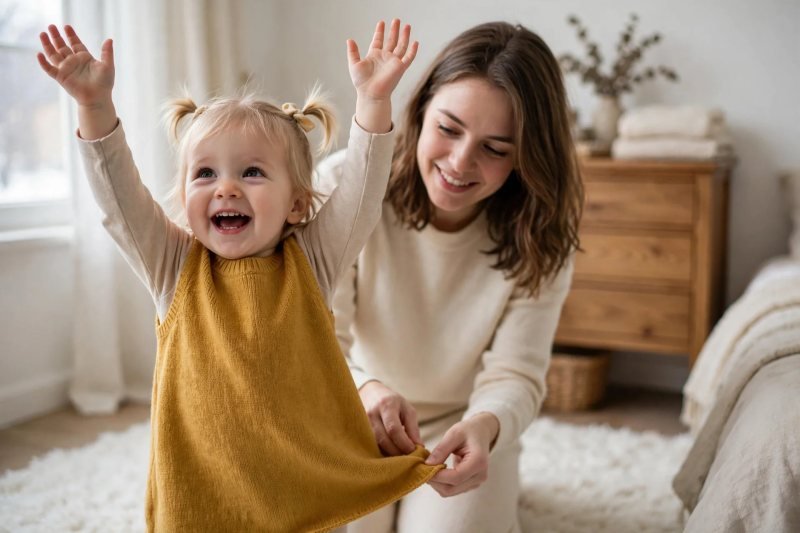 Toddler raising both arms while mother smooths her knit dress