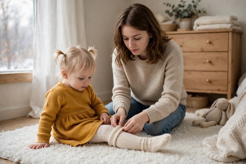 Mother smoothing fleece tights on a seated toddler in dress