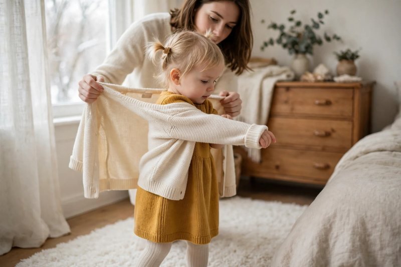 Toddler pushing her arm through a cardigan sleeve held open