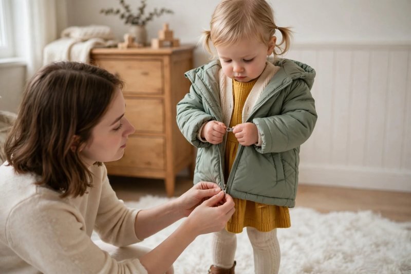 Toddler gripping coat zipper while mother steadies its base
