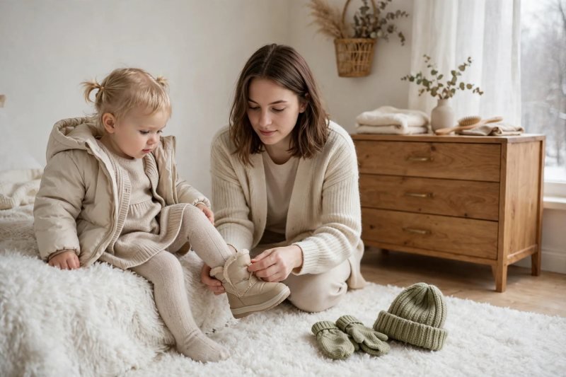 Mother fastening a winter boot with hat and mittens nearby