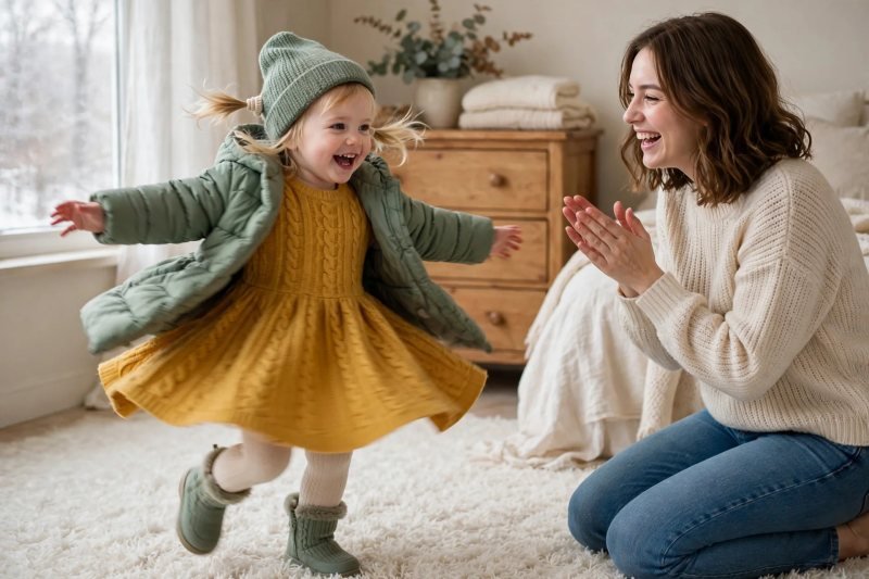 Toddler twirling in her winter dress outfit while mother claps