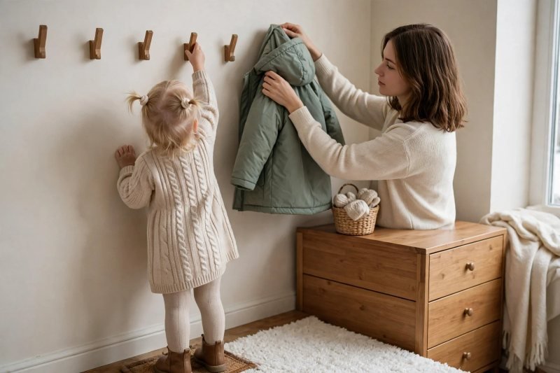 Toddler reaching for a low hook as mother hangs coat
