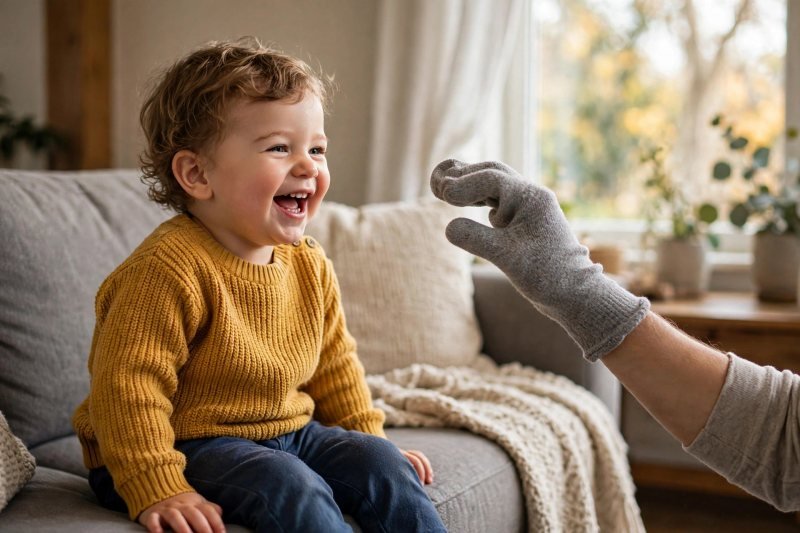 A toddler giggling at a sock puppet talking to them on a sofa