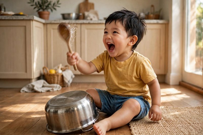 A toddler banging an upturned cooking pot with a wooden spoon