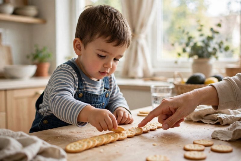 A two-year-old placing small round crackers in a row for snack maths