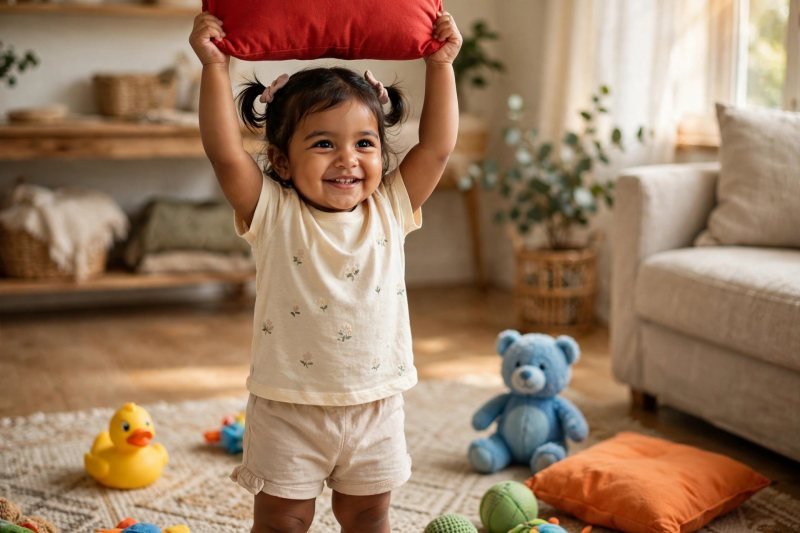 A toddler proudly holding up a red cushion during a colour hunt