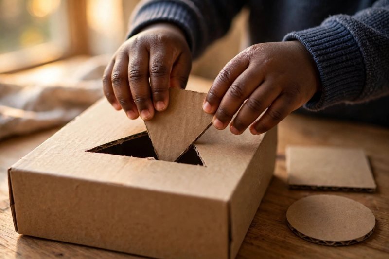 Small hands posting a cardboard triangle through a shoebox shape sorter