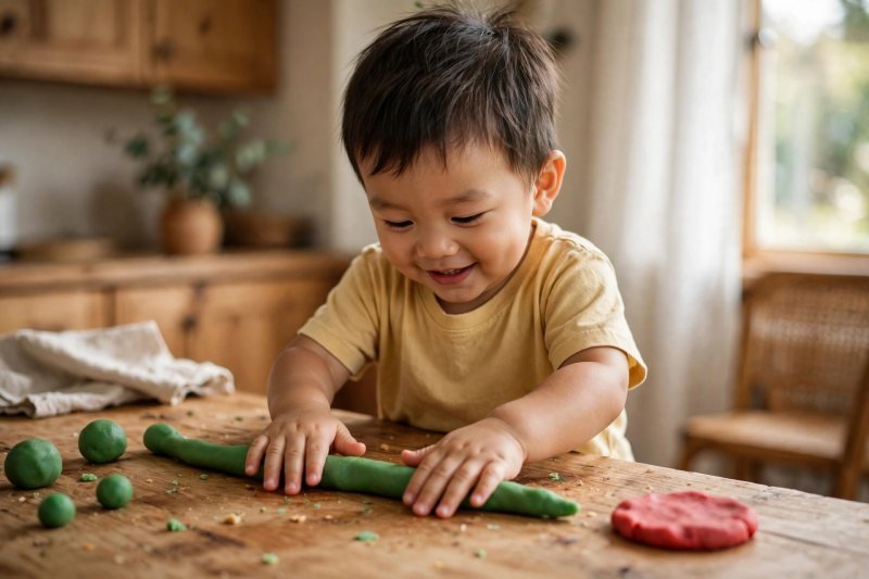 A toddler rolling a playdough snake with both hands at a table