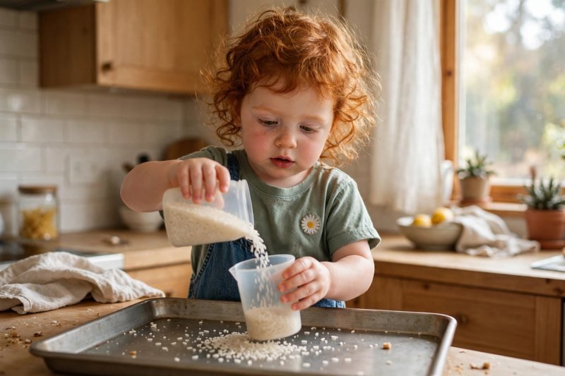 A two-year-old pouring dry rice from a small jug over a tray
