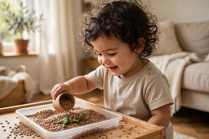 A toddler scooping dry lentils with a cup in a shallow tray