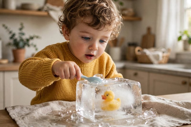 A toddler chipping ice with a toy frozen inside on a towel-covered table