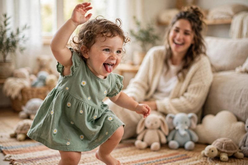 A toddler frozen mid-dance in a funny pose while a parent laughs