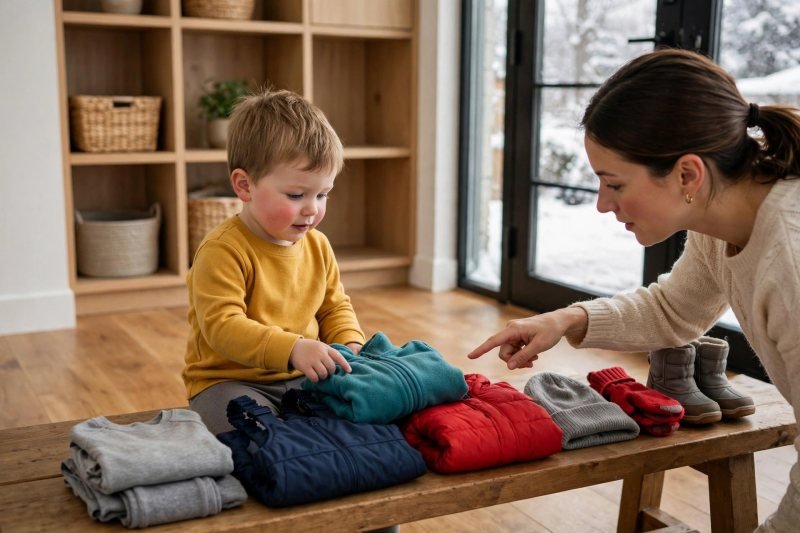 A toddler touches folded fleece while his mother points to layers laid out in order.