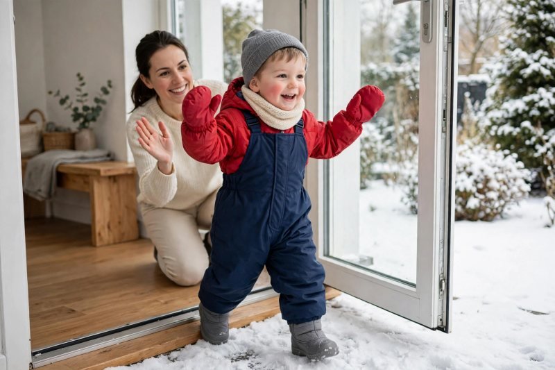A fully dressed toddler steps happily from the doorway into fresh snow.