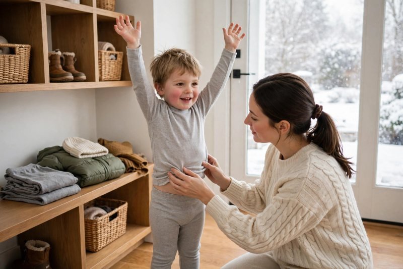 A mother smooths a gray thermal base layer over her toddler's raised arms.