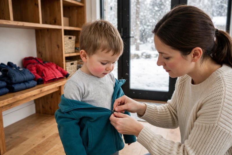 A mother zips a teal fleece jacket over her toddler's gray base layer.