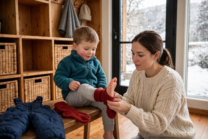 A mother rolls a thick red wool sock onto her seated toddler's foot.