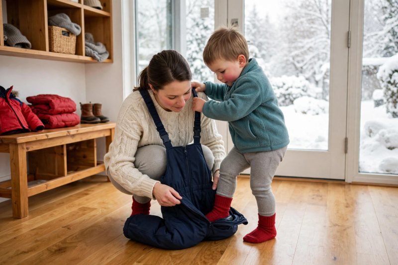 A toddler steps into navy snow bibs held open by his kneeling mother.