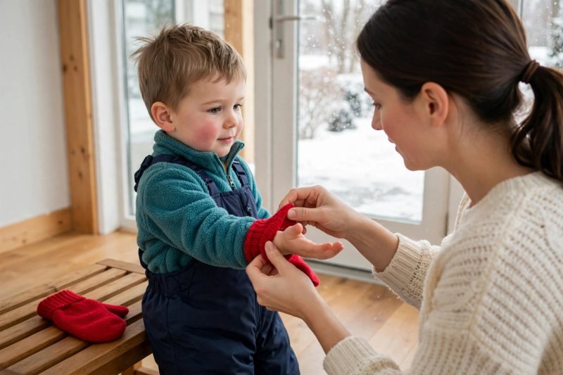 A mother slides a red mitten onto her toddler's hand over his fleece sleeve.