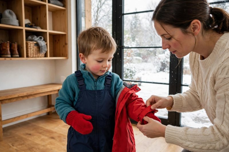 A mother pulls a red jacket sleeve down over her toddler's red mitten cuff.