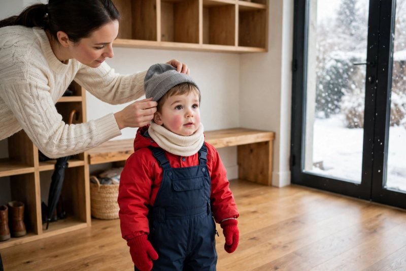 A mother pulls a gray knit hat over her toddler's ears, neck warmer on.
