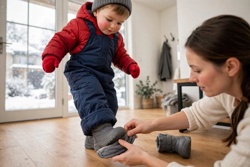 A toddler stomps into a gray winter boot steadied by his mother's hands.