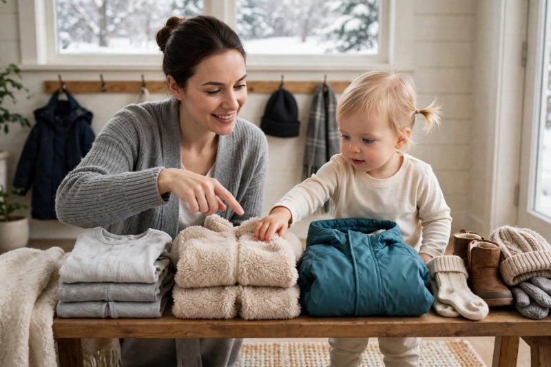 Neat piles of base, fleece and snowsuit layers laid on bench.