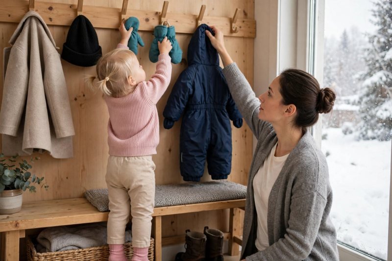 A toddler hangs mittens on a low hook beside the front door.