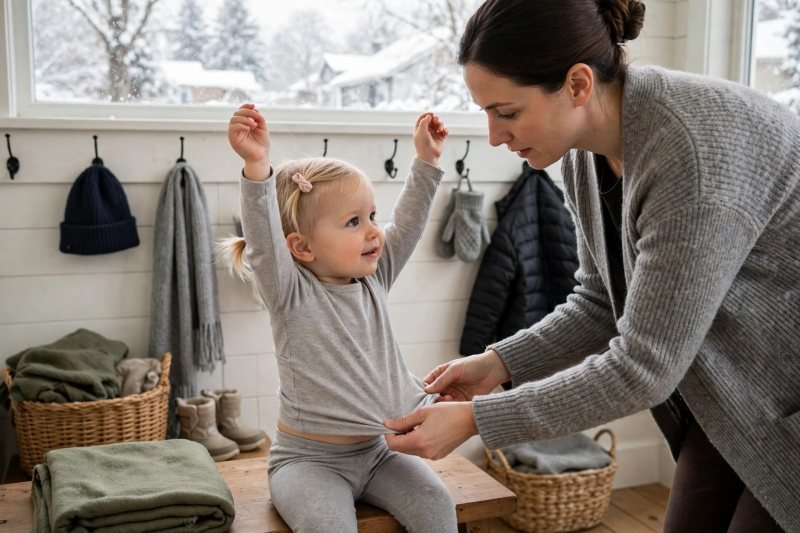 A mother pulls a snug base layer top onto her toddler indoors.