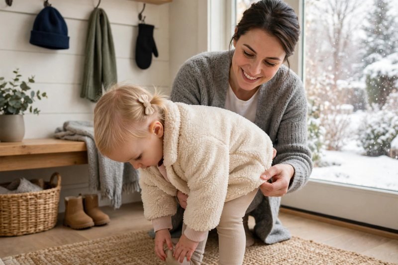 A toddler in a cozy fleece mid layer bends to touch toes.