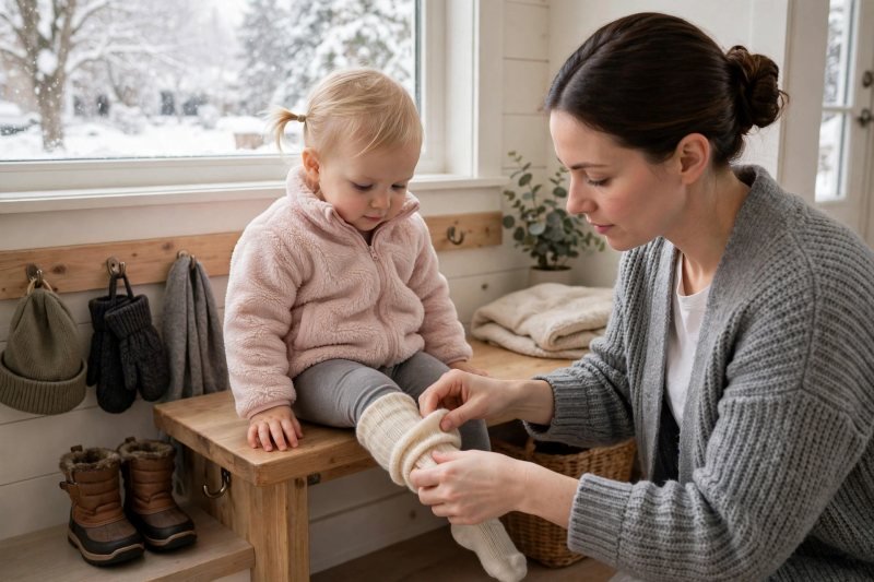 Mother smooths wool socks over leggings before pulling on snow boots.