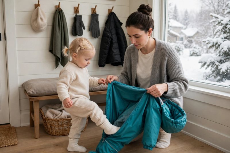A toddler steps into a waterproof snowsuit while mother holds it open.