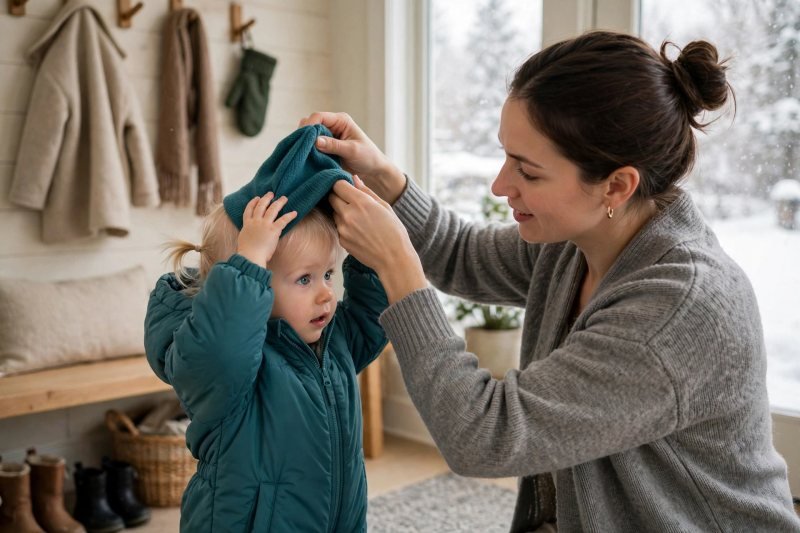 A mother pulls a warm hat over her toddler's ears indoors.