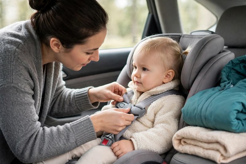 A toddler buckled snugly in a car seat with blanket over harness.