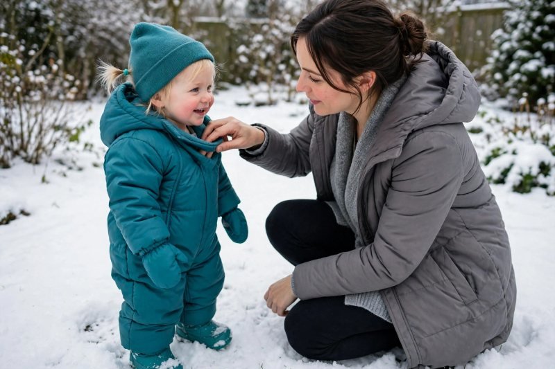 A mother checks her toddler's chest warmth outside in the snow.